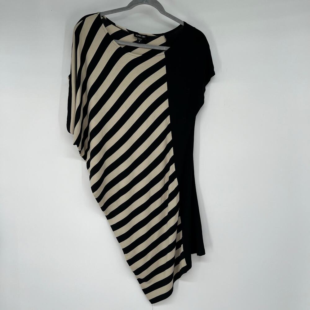 Ronen Chen Asymmetric Striped Dress Women's Size 2 US 8 Black Tan Dolman Sleeve
